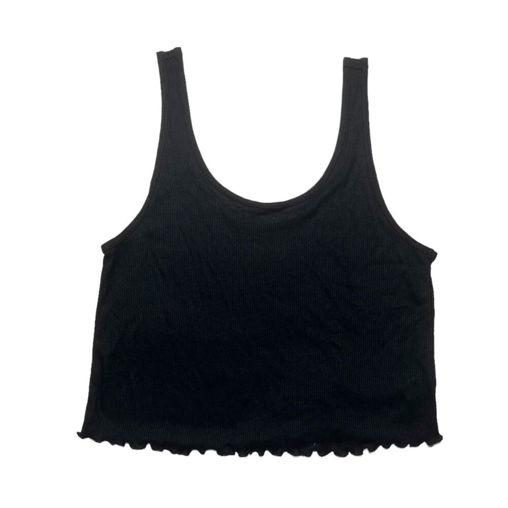OFFLINE by aerie Ribbed Lettuce Edge Hem Lightweight Tank Top Black Size Medium